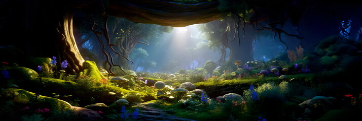 Fototapeta premium An enchanted forest where the trees and wildlife interact and respond to each other, creating a sentient ecosystem. Generative AI