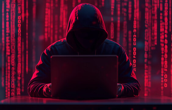 Cyber hacker attack concept. Abstract digital hacker man with a laptop. Male criminal, hoodie and ready for coding, cyber-attack and programming for malware with tech, scam and data