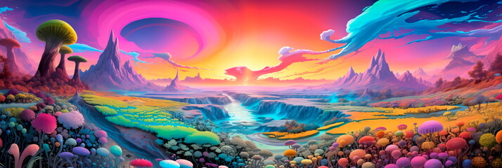 landscape filled with psychedelic colors, shapes, and patterns that alter perception and reality. Generative AI