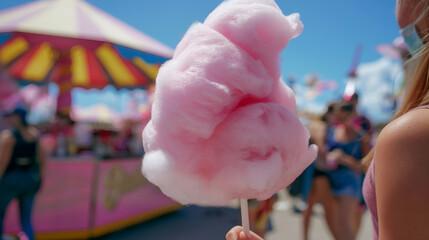 A person holding a large pink cotton candy on a stick, with a colorful carnival booth in the background. The scene is lively, with people enjoying a sunny day at a fair or amusement park.