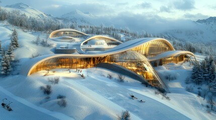 Architectural plan of an eco-friendly ski resort, focusing on landscape integration and low-impact construction methods