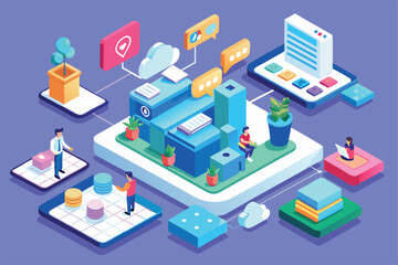 Obraz premium A vibrant isometric illustration shows users engaging in diverse messaging activities in a workspace, Customizable isometric illustration for messaging.