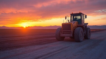 Fototapeta premium Excavator Working at Sunset in a Desert Landscape