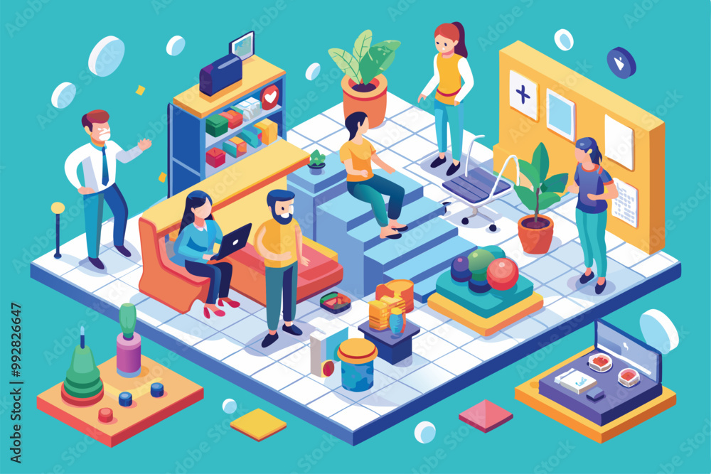 Poster a lively office environment where diverse individuals interact and work using various tools and tech