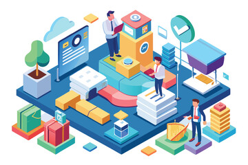 Fototapeta premium Professionals work on obligation management with various tools and resources in a vibrant isometric setting, Customizable isometric illustration for obligations
