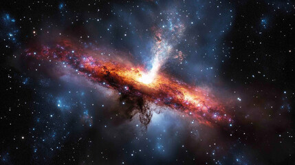 Massive black hole at the center of a swirling galaxy, pulling stars and cosmic debris into gravitational abyss, with distant galaxies and nebulae in the deep space background, symbolizing destruction