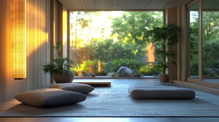 Fototapeta premium A Minimalist Zen Room with Cushions and a Window View