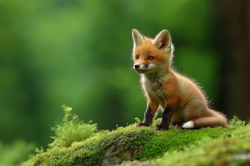 Fototapeta premium Baby fox is sitting on a log. It has brown fur and is looking at the camera. Red fox, vulpes vulpes, small young cub in forest . Wildlife scene from nature