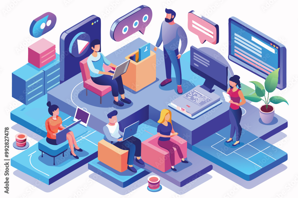 Poster a group of diverse professionals collaborate in a modern tech workspace using various devices and to