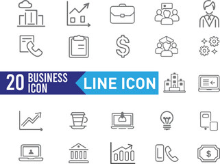 Set of 20 Business icons. Business and Finance web icons in line style. Money, bank, contact, infographic. Icon collection. Vector illustration.