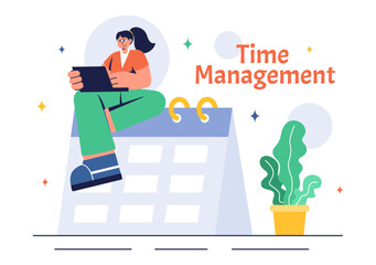 Vector Illustration of Time Management with Clock Settings, Task Planning, Training Activities, and Scheduling in a Flat Cartoon Style Background