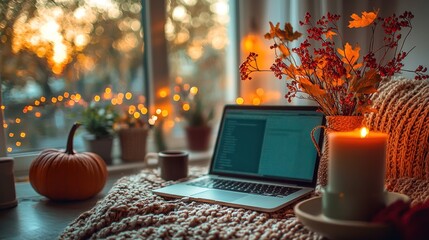 Cozy Autumn Work from Home - Remote Working on Laptop in Warm Living Room with Fall Decor and Soft Light