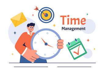 Vector Illustration of Time Management with Clock Settings, Task Planning, Training Activities, and Scheduling in a Flat Cartoon Style Background