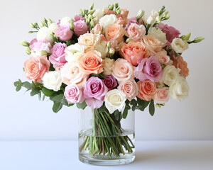 Obraz premium wonderful bouquet in pastel tones, featuring a mix of soft-colored roses and lisianthus, perfect for celebrating Mother's Day or any other special occasion, radiating elegance and charm 