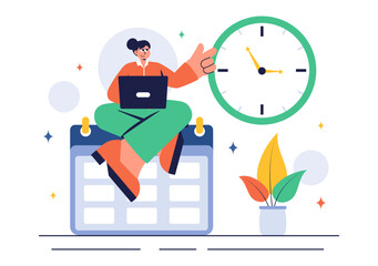 Vector Illustration of Time Management with Clock Settings, Task Planning, Training Activities, and Scheduling in a Flat Cartoon Style Background