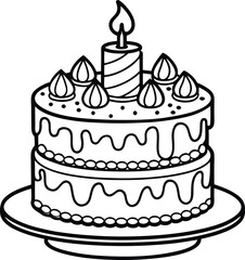 Vector line art black and white birthday cake with candles. Holiday line icon for kids isolated illustration on white background.