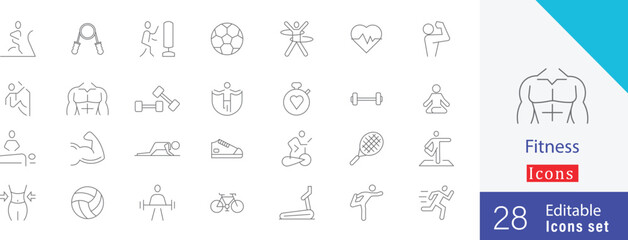 Fitness editable thin line icon style. containing mountain bike, running, pulse, exercise bike, water, body care, exercise, fitness, volleyball, tread