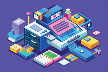 Obraz premium An illustration showcases a vibrant office photocopier along with various stationery items surrounding it, Customizable isometric illustration for photocopying.