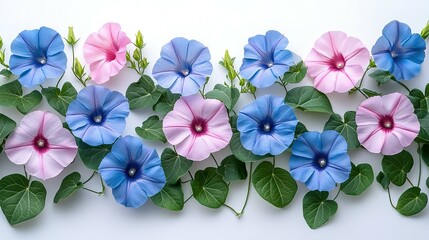 Blue and Pink Morning Glory Flowers with Green Leaves on White Background
