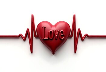3d red heart with "love" text on it and heartbeat wave on white background, valentine day concept