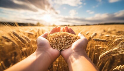 both hands holding wheat grains, point of view, blurred wheat field background