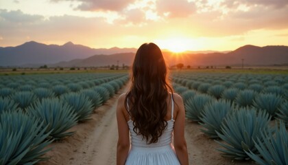 Mexican Woman observing a plantation of blue agave Mexican tequila plant beautiful sunset, girl dressed in white