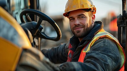 Construction Worker in Hard Hat and Safety Vest Operating a Forklift