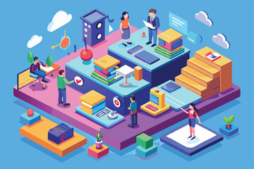 Fototapeta premium This customizable isometric illustration shows diverse people collaborating in a colorful office environment, Customizable isometric illustration for presentations.