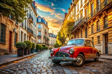Elegant classic car parked on a charming Paris street with iconic architecture in the background