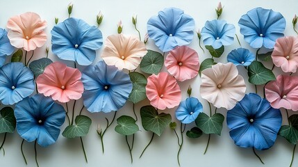 Blue, Pink, and White Morning Glory Flowers with Green Leaves