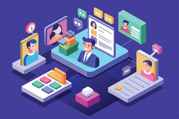 Obraz premium A vibrant isometric illustration shows a profile dashboard with charts, user avatars, and engagement options, Customizable isometric illustration for profile data.