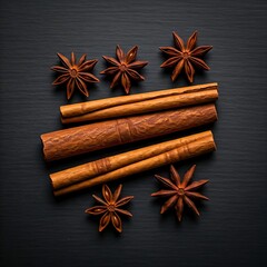 Top view of cinnamon sticks and star anise on wooden floor background, food ingredient concept