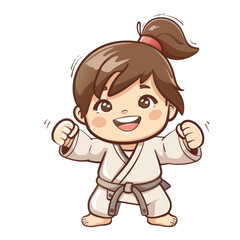 A happy cartoon girl wearing a white karate uniform with a black belt, standing with fists clenched, smiling.