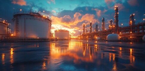 Oil Storage Tanks in Industrial Area with White Metal Tank and Orange Elements – Photorealistic with Cinematic Lighting and Bright Colors

