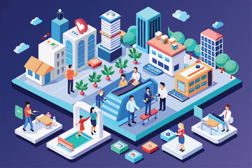 An isometric illustration highlights diverse public health activities and interactions in a community setting, Customizable isometric illustration for public health.