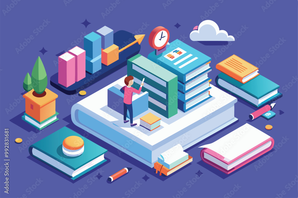Poster a person actively engages in reading and studying surrounded by colorful books and learning material