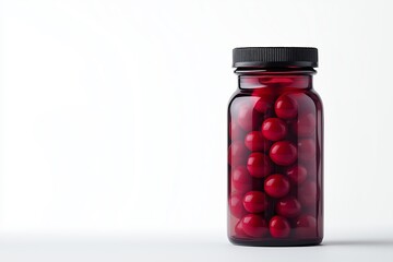 Bottle of red pills is sitting on a white background. The pills are in a glass jar. Vitamin pills in a bottle isolated against a white background. with copy space. Place for adding text or design