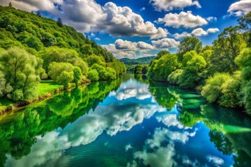 Fototapeta premium River winds peacefully through emerald hills, its glassy surface mirroring verdant foliage and wispy clouds.