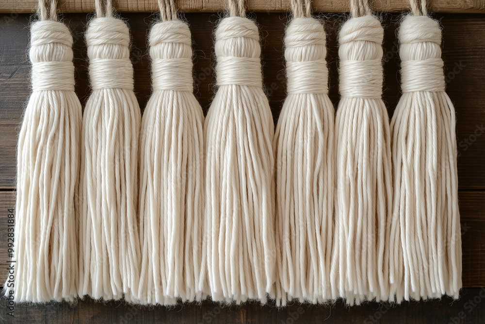 Poster row of white yarns with a brown background. the yarns are in a row and are of different lengths. whi