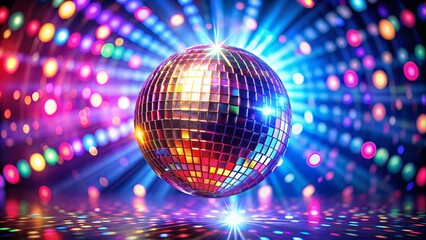 Disco ball sphere with colorful disco lights for party nights , wallpaper background with copy space