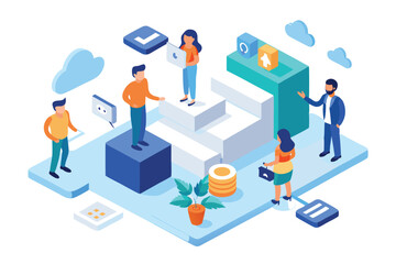 A vibrant workspace showcases diverse team members collaborating on digital tasks and sharing ideas, Customizable isometric illustration for referring a friend.