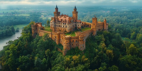 Fototapeta premium Aerial View of Medieval Castle on a Hill