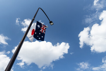 青空のもと電灯でたなびく日本の国旗とニュージーランドの国旗