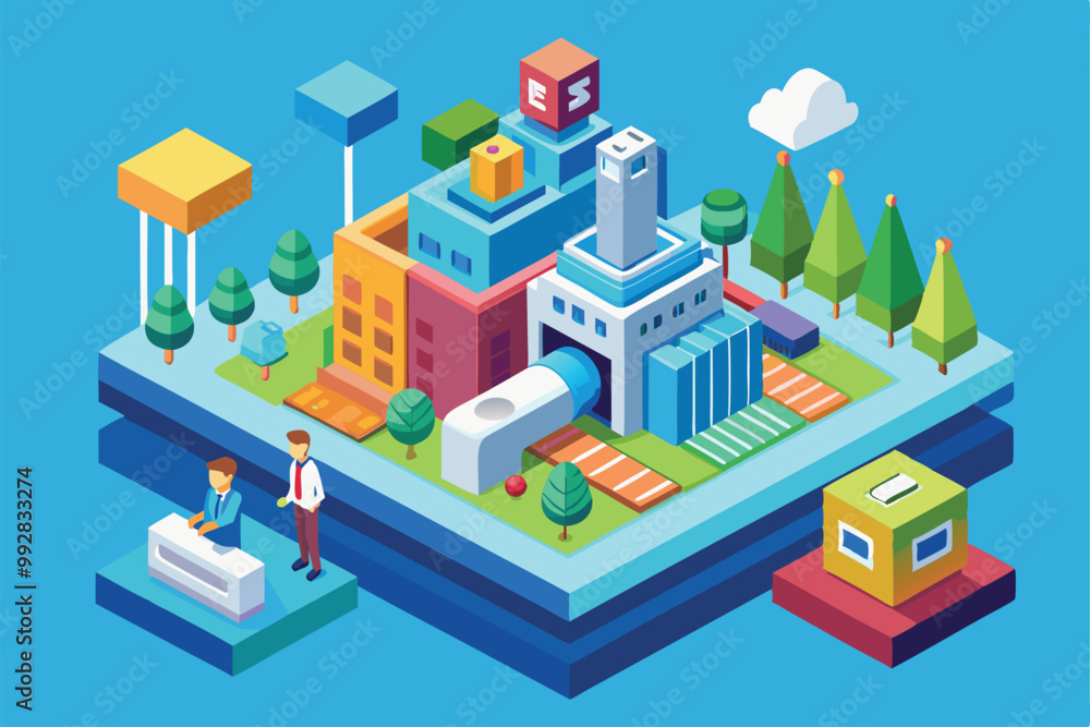 Aufkleber the illustration showcases a colorful urban environment featuring various buildings and trees in a p