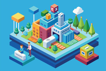 The illustration showcases a colorful urban environment featuring various buildings and trees in a playful layout, Customizable isometric illustration for segmentation.