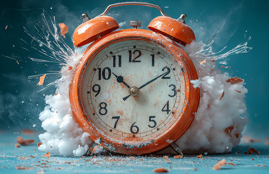 Red vintage alarm clock shattering dramatically with explosive bursts of white smoke and scattered fragments of glass against a vivid blue background,...