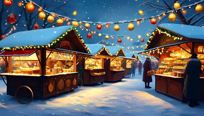 winter in the city A Christmas market backdrop with stalls selling holiday treats, hot cocoa, and handmade ornaments, framed by festive string lights and snow-covered rooftops
