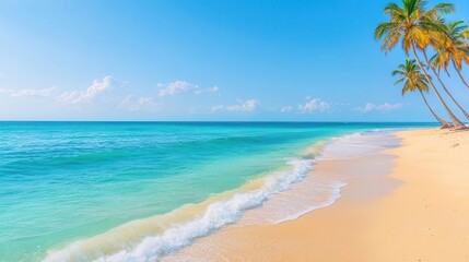 A secluded beach with turquoise waters and palm trees swaying in the wind