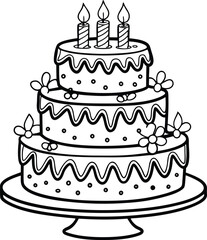 Vector line art black and white birthday cake with candles. Holiday line icon for kids isolated illustration on white background.