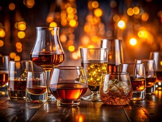 Fototapeta premium Elegant collection of whisky glasses showcasing different styles, shapes, and rich amber tones of whisky